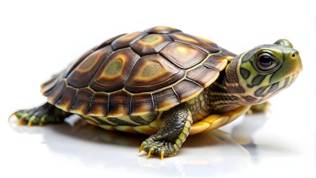 Baby turtle walking on white background. Small pet reptile isolated for wildlife conservation and nature education.