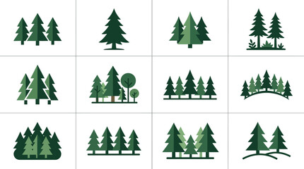 Fototapeta premium Collection of stylized evergreen pine tree symbols.