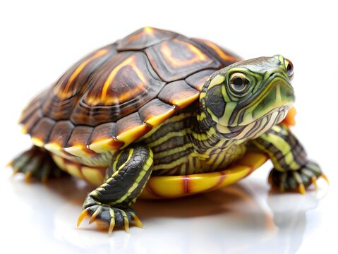 Close-up portrait of a baby turtle on white background. Small pet reptile with detailed shell pattern isolated for commercial use.