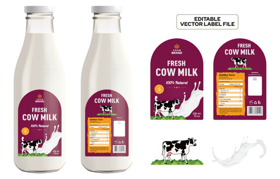 Premium Fresh Cow Milk Label Design, Editable Dairy Packaging Template with 3D Bottle Mockup, Modern Farm Branding, Printable Vector for Milk Product Packaging