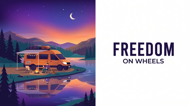 Camping van adventure illustration freedom on wheels landscape poster design