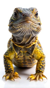 Adorable baby uromastyx lizard posing for portrait. Tiny exotic reptile pet with detailed scales and golden chain necklace on white backdrop.