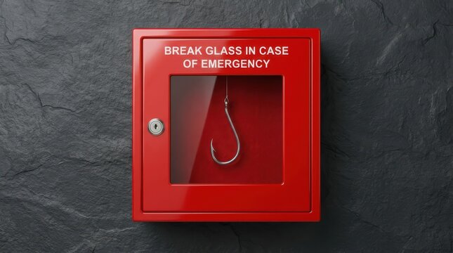 Red emergency box with hook inside, glass door, break glass in case of emergency.