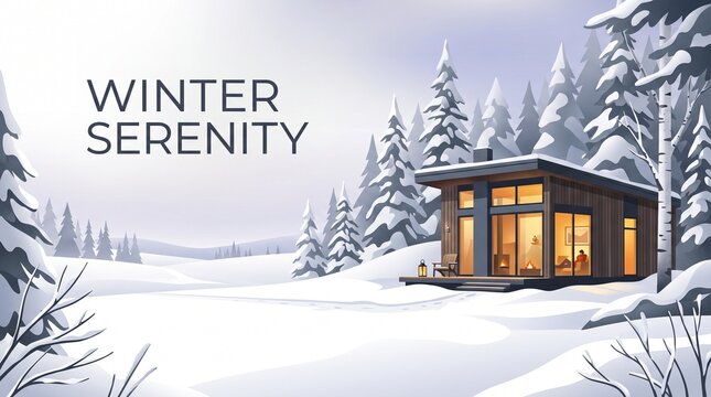 Winter serenity cozy cabin retreat in snow covered forest seasonal illustration