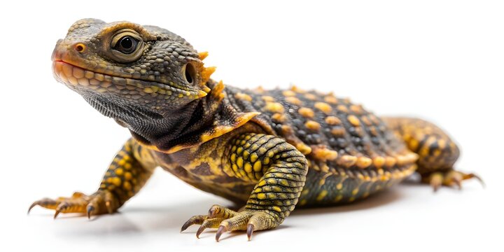 Close-up of baby spiny-tailed lizard on white background. Tiny exotic reptile pet with vibrant scales and detailed texture for wildlife photography.