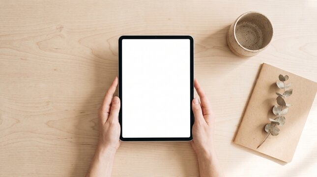Hands holding digital tablet with blank screen. Mockup device on wooden desk background.