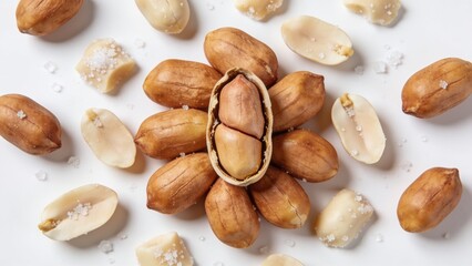 Obraz premium Close-up of whole and split natural almonds on white background for food photography