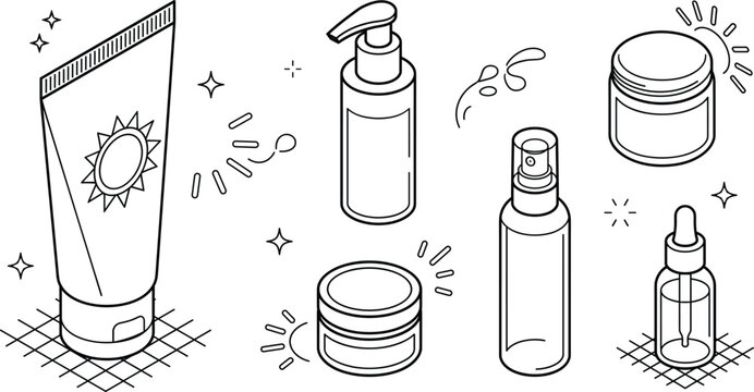 Cosmetic skincare products line icons set featuring sunscreen tube lotion pump spray bottle jar cream serum dropper bottle