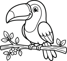 Obraz premium Cartoon toucan bird perched on a tree branch with flowers