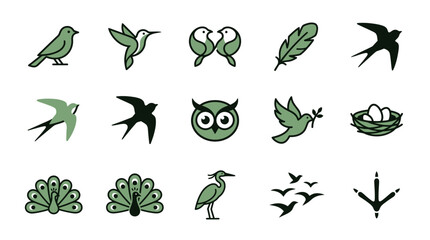 Fototapeta premium Green bird symbols including peacock and heron graphics.
