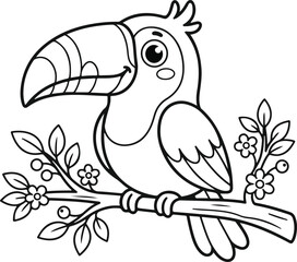 Obraz premium Cute toucan bird sitting on a branch with flowers and berries