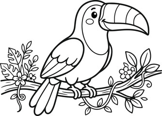 Obraz premium Cute toucan bird on a flowered branch with jungle leaves