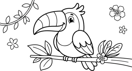 Obraz premium Cute toucan bird sitting on a branch with tropical flowers and vines