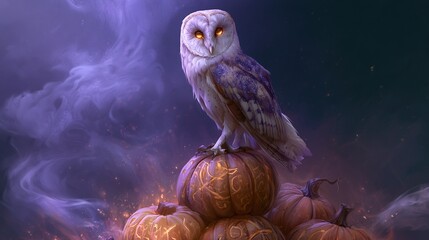 Obraz premium Barn owl with piercing amber eyes perched atop stacked carved pumpkins mystical symbols etched into gourd surfaces purple fog festive fall