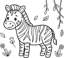 Obraz premium Cute cartoon zebra in a jungle setting with leaves and flowers, coloring page for kids
