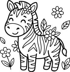 Obraz premium Cute cartoon zebra with flowers and leaves, coloring page for kids