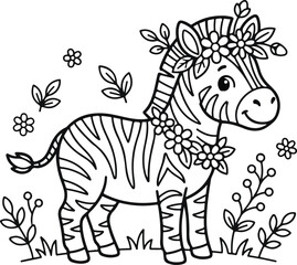Obraz premium Cute cartoon zebra with a flower crown and floral collar, coloring page for kids