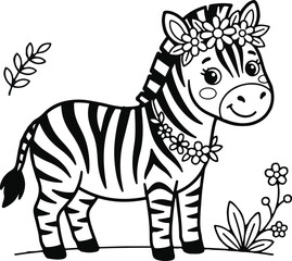 Obraz premium Cute cartoon zebra with a flower crown, black and white vector illustration for coloring book page