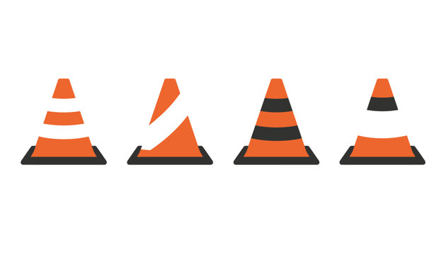 Row of orange traffic cones with different reflective white and black stripe patterns isolated on a white background.