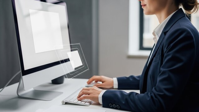 Professional Businesswoman Working on Desktop Computer with Virtual Interface