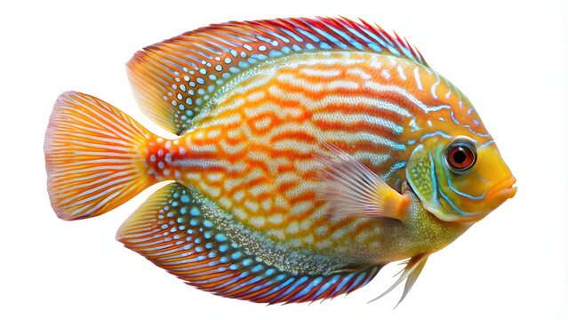 Vibrant discus fish swimming in clear water. Colorful tropical aquarium cichlid with striped pattern isolated on white.