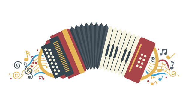 Traditional colorful accordion musical instrument surrounded by playful staff lines and flying vector music notes.