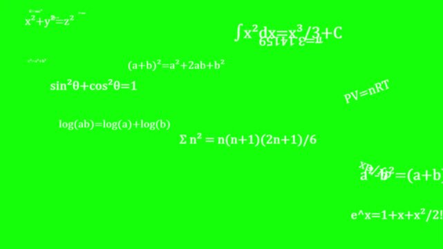 Floating mathematical formulas and scientific equations moving against vibrant neon green background backdrop display with floating rhythmically