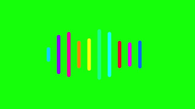 Colorful digital sound wave animations pulsing rhythmically against a bright green screen background with pulsating rhythmic pattern colorful audio frequency
