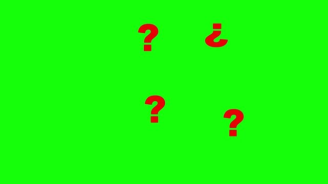 Red question marks floating across a bright green screen background for digital graphic editing purposes with symbols drifting horizontally across vibrant solid