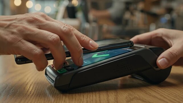Customer paying with smartphone on credit card terminal at coffee shop counter