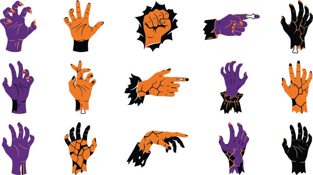 Set of various spooky zombie hands in purple and orange colors for a creative happy halloween day design project