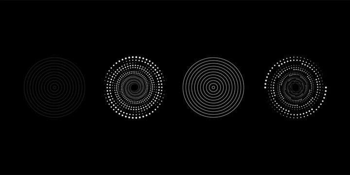 Halftone radial gradient collection. Dotted texture round patterns. Comic faded circles background set. Abstract pixelated elements for frame, poster, collage, banner, flyer. Vector cartoon bundle