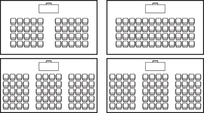 Classroom and auditorium seating arrangement floor plans with various desk layouts in a simple vector illustration