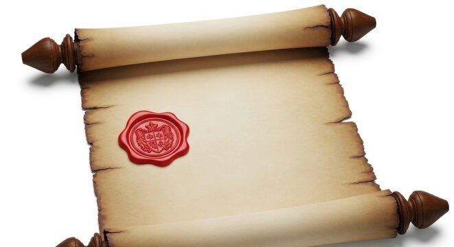 An old vintage paper scroll with a red wax seal isolated on a clean white background for historical design projects