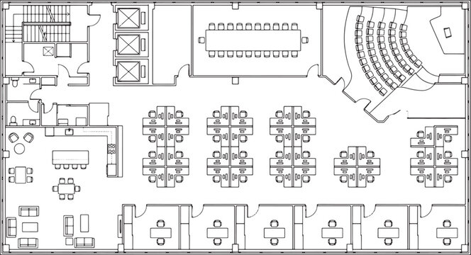 Modern office floor plan layout with workstations meeting rooms and auditorium in a technical architectural drawing