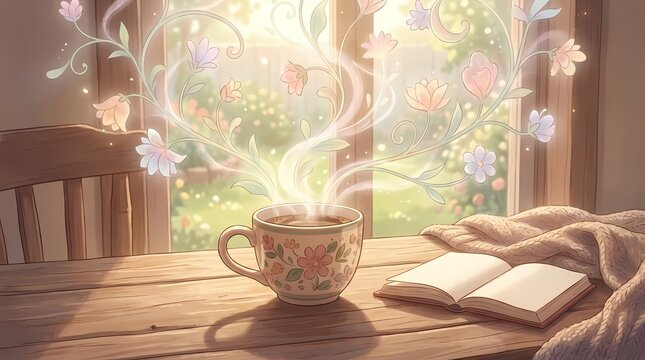Steaming coffee mug and book by window.
