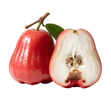 Fresh red rose apple with half slice, tropical water apple fruit on white background, organic wax apple with green leaf and seeds