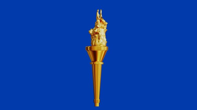 gold burning flame on torch on blue background 3D rendering