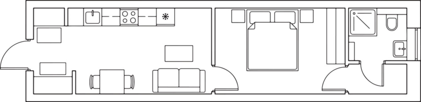 Small apartment floor plan layout with open kitchen living area bedroom and bathroom technical line drawing