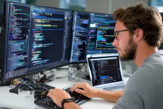 Professional coder working on multiple screens at a modern office setting during the day