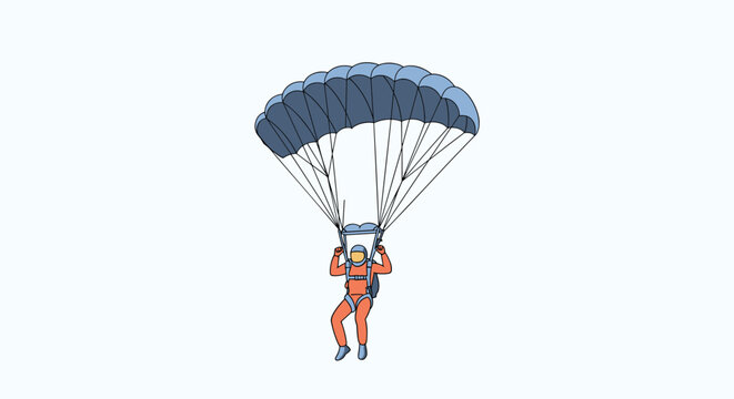 Skydiver in an orange jumpsuit descending with a large blue parachute in a flat vector illustration.