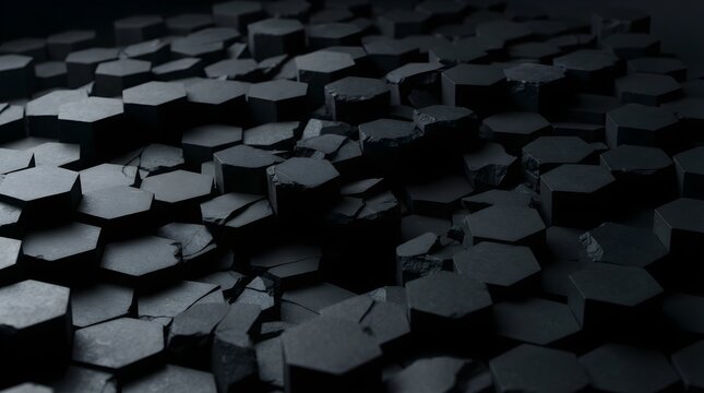 Abstract dark basalt column background texture with broken and cracked hexagonal stone pillars in moody lighting