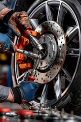 Fototapeta premium AI generator images of brake disc resurfacing process: a technician uses a specialized tool attached to the wheel hub and brake disc to smooth the disc surface and ensure uniformity.