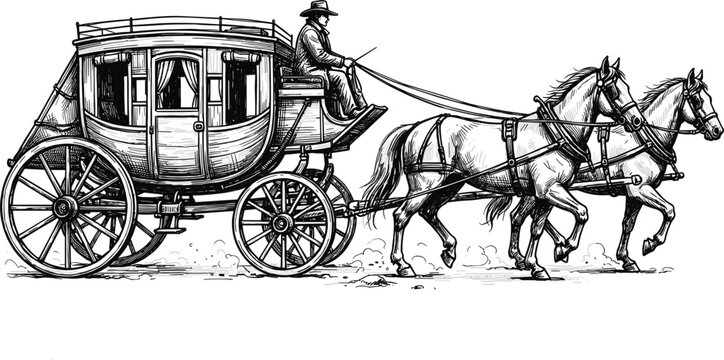 Vintage wild west stagecoach with cowboy driver pulled by two running horses across rustic desert terrain