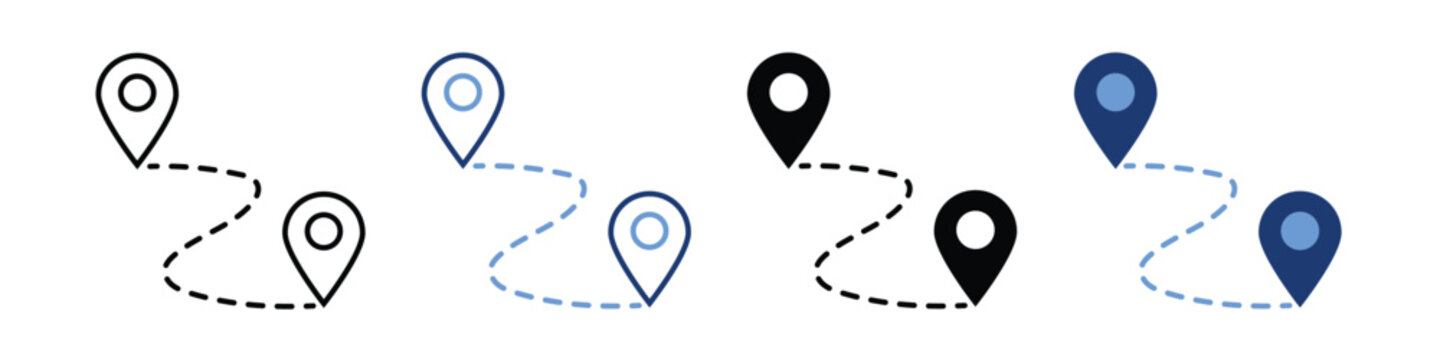 Map Pin Route Icon Set: Navigation Path with Location Pointers and Dashed Line. Set of 4 Variations including Outline and Solid Fill Styles