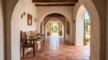 Fototapeta premium A serene view through a sunlit Mediterranean villa corridor featuring arched white plaster walls rustic wooden ceiling beams terracotta tile floors and a charming bench in a tranquil courtyard home