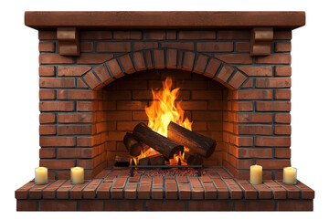 Obraz premium Rustic brick fireplace with firewood and candles