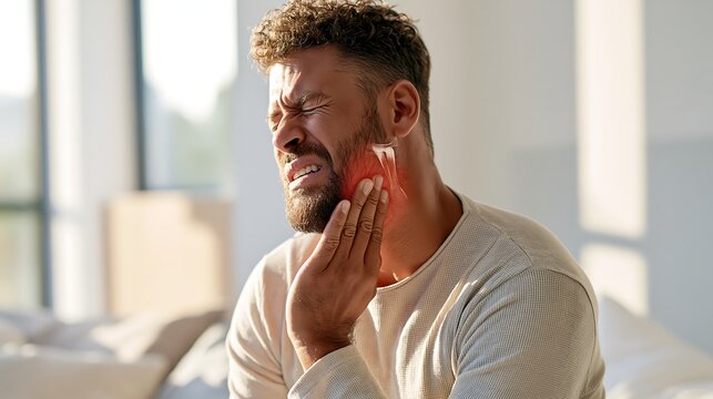 Man waking up with jaw muscle pain caused by bruxism, holding his jaw at home in the morning, illustrating teeth grinding, TMJ discomfort, sleep disorder and dental health concerns