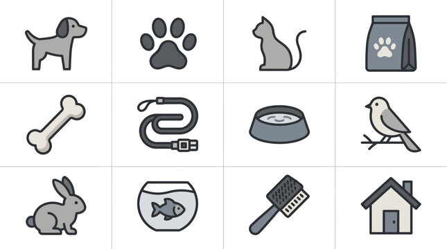 Minimalist grey line icons for pets and animal care.