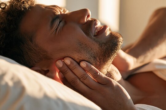 Close up of a man suffering from jaw pain after sleep due to bruxism, highlighting teeth grinding, TMJ disorder, facial muscle tension and dental health problems